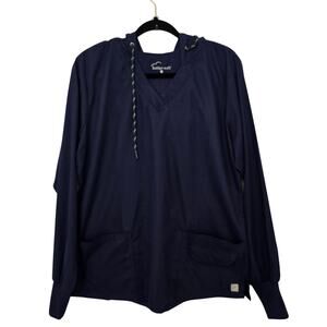 NWT Butter-Soft Navy Hooded Pullover Scrub Top Size M V-Neck Pockets Nursing